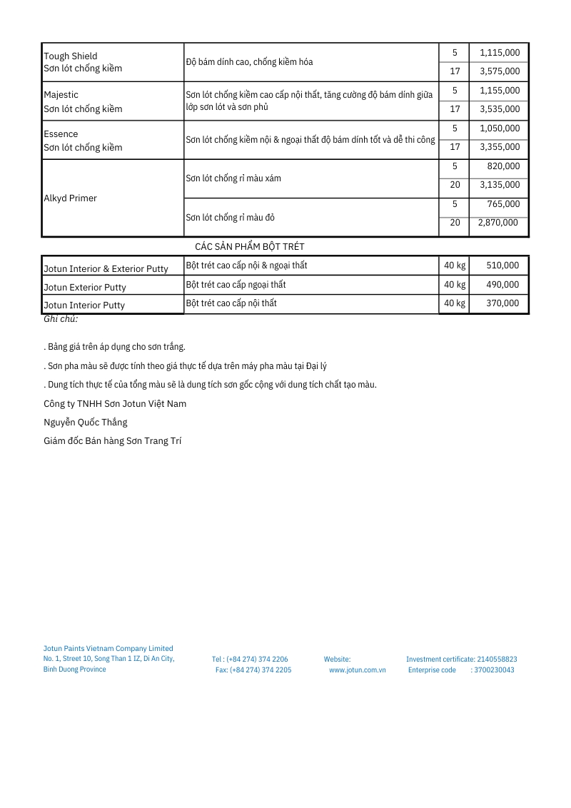Bảng báo giá sơn Jotun 8/11